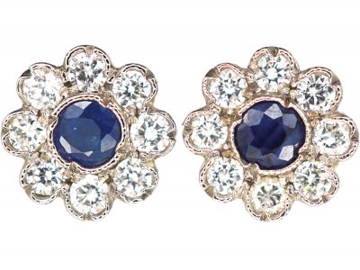 18ct White Gold, Sapphire & Diamond Flower Cluster Earrings