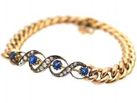 Edwardian 9ct Gold Curb Bracelet set with Sapphires & Diamonds