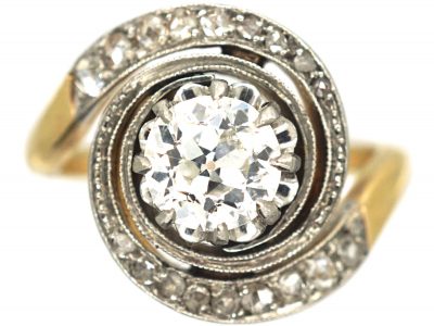 French Art Nouveau 18ct Gold & Platinum, Catherine Wheel Design Diamond Set Ring