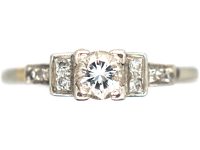 Art Deco 18ct White Gold, Diamond Solitaire Ring with Step Cut Diamond set Shoulders