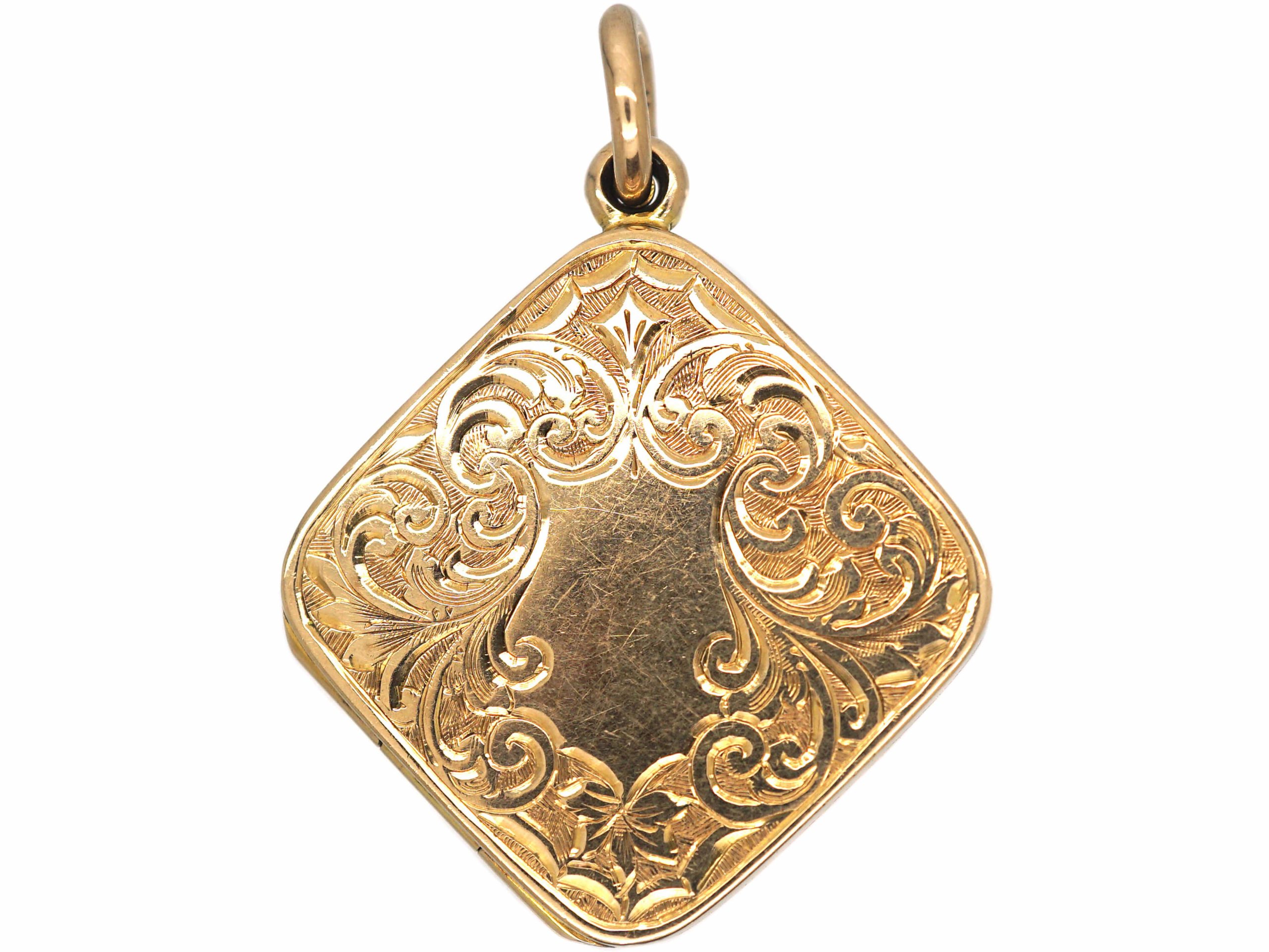 Art Deco 9ct Gold Diamond Shaped Locket with Ivy Leaf Detail (574R ...