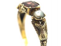 Georgian Scottish 9ct Gold, Flat Cut Garnet & Natural Split Pearl Ring with Thistle Motif Shoulders
