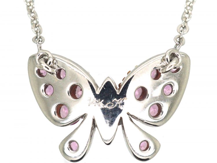 14ct White Gold, Pink Sapphire & Diamond Butterfly Pendant on 14ct White Gold Chain