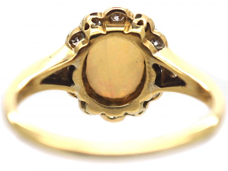 Edwardian 18ct Gold & Platinum, Opal & Diamond Cluster Ring with Diamond Set Shoulders
