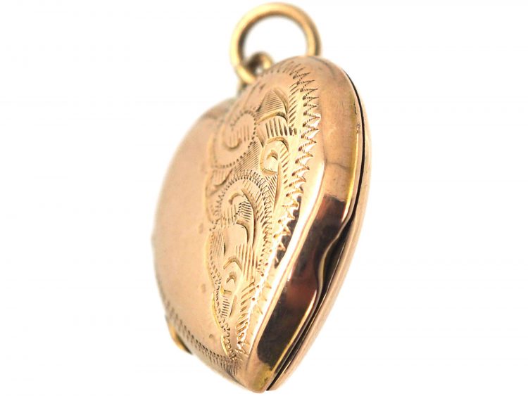 Edwardian 9ct Gold Back & Front Heart Shaped Locket with Engraved Front