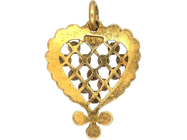 Edwardian 18ct Gold, Turquoise & Natural Split Pearl Heart Shaped Forget Me Not Pendant