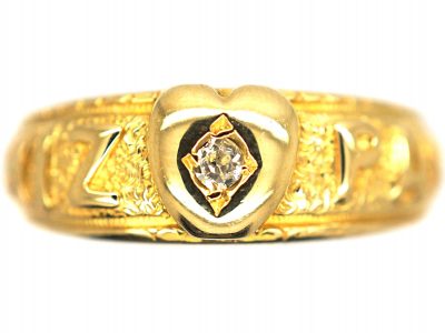 Victorian 18ct Gold Ring Spelling Mizpah with a Heart & Diamond Motif