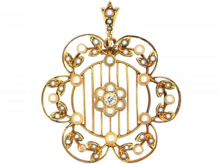 Edwardian 15ct Gold, Natural Split Pearl & Diamond Floral Pendant