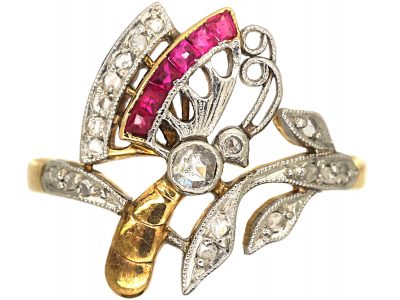 Art Nouveau 18ct Gold, Diamond & Ruby Butterfly Ring