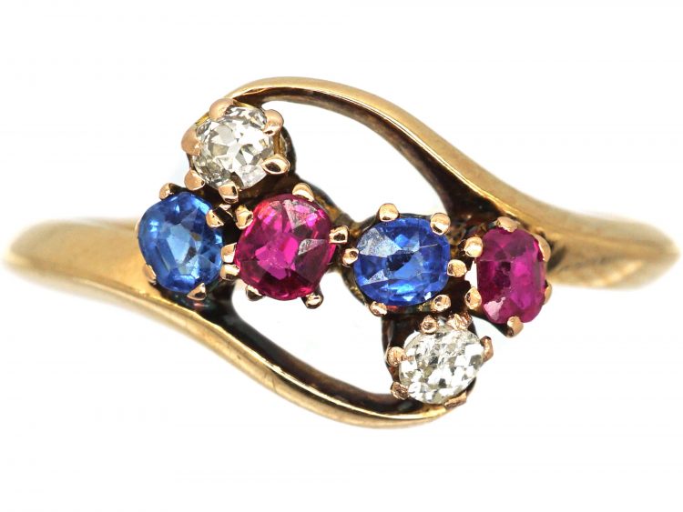 Art Nouveau 18ct Gold, Ruby, Diamond & Sapphire Double Shamrock Ring
