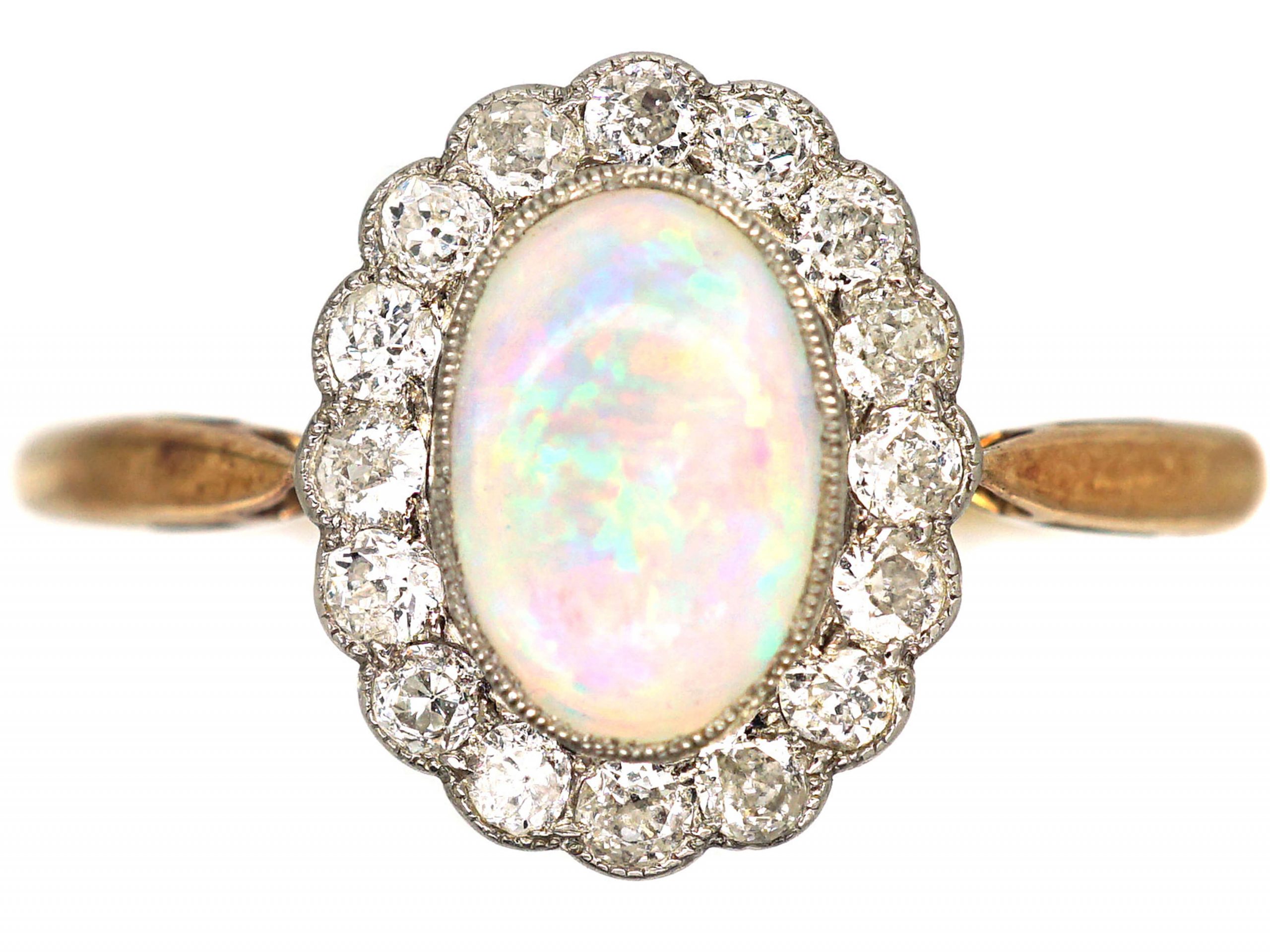 Edwardian 18ct Gold & Platinum, Opal & Diamond Oval Cluster Ring (814R ...