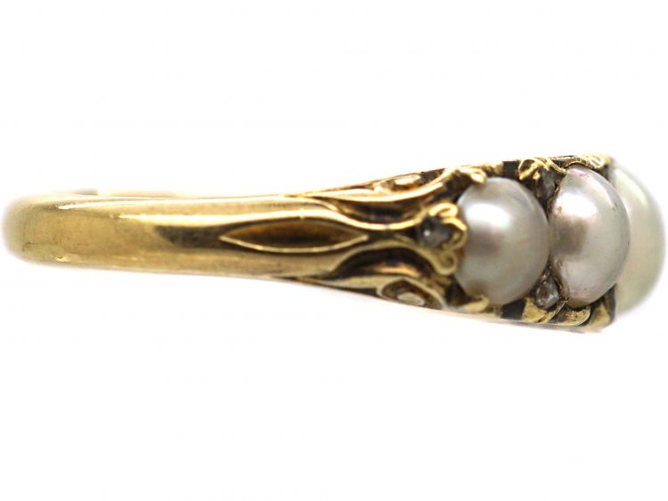 Victorian 18ct Gold, Carved Half Hoop Ring set with Natural Pearls with Diamond Points