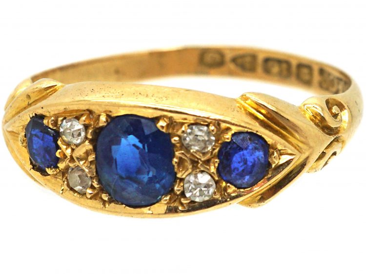 Edwardian 18ct Gold Sapphire & Diamond Three Stone Scroll Design Ring