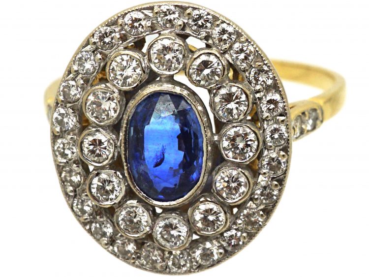 Art Deco 18ct Gold & Platinum, Sapphire & Diamond Oval Cluster Ring