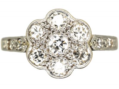 Edwardian 18ct Gold & Platinum, Diamond Cluster Ring with Diamond Set Shoulders