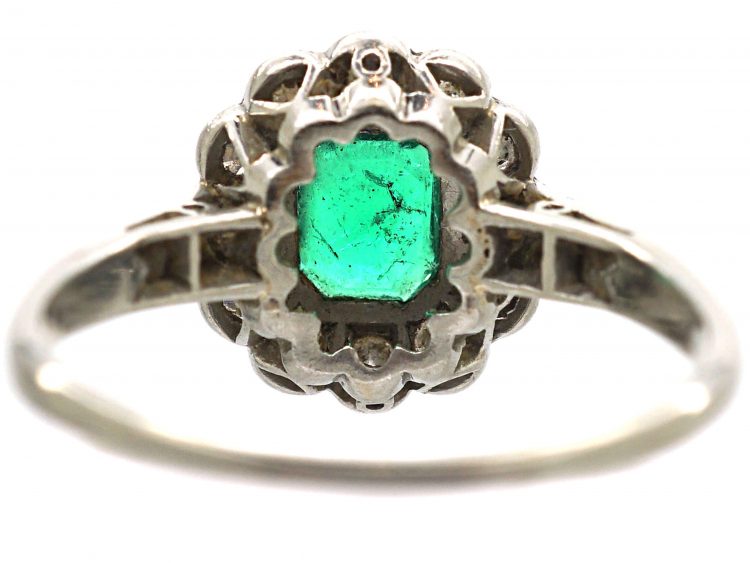 Art Deco Platinum & 18ct Gold, Emerald & Diamond Cluster Ring with Diamond Set Shoulders