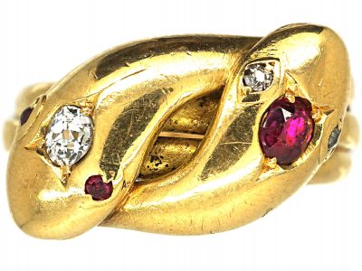 Edwardian 18ct Gold Double Snake Ring set a Ruby & a Diamond