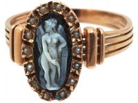 Victorian 14ct Gold Ring with Carved Sardonyx Angel in a Natural Split Pearl Surround