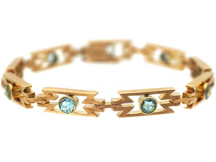 Art Deco 15ct Gold & Aquamarine Zig Zag Bracelet