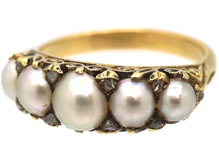 Victorian 18ct Gold, Carved Half Hoop Ring set with Natural Pearls with Diamond Points