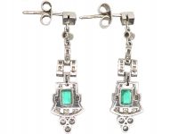 Art Deco 18ct Gold, Emerald & Diamond Drop Earrings