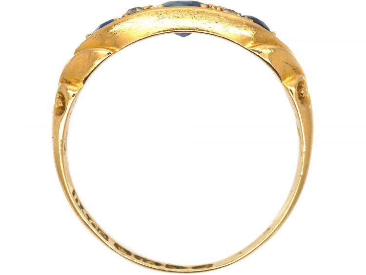 Edwardian 18ct Gold Sapphire & Diamond Three Stone Scroll Design Ring