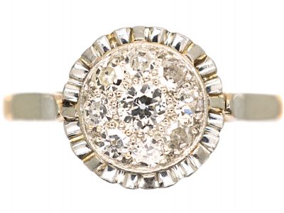 Art Deco 18ct Gold & Platinum, Diamond Cluster Ring with Piecrust Surround
