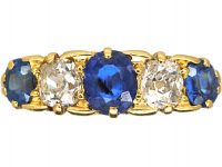Edwardian 18ct Gold, Five Stone Sapphire & Diamond Carved Half Hoop Ring