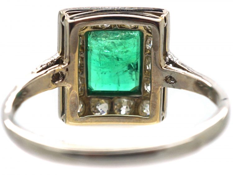 Art Deco Platinum & 18ct White Gold, Emerald & Diamond Rectangular Cluster Ring with Diamond set Shoulders
