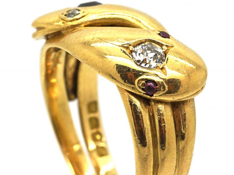 Edwardian 18ct Gold Double Snake Ring set a Ruby & a Diamond