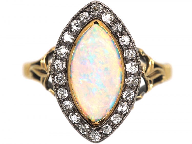 Edwardian 18ct Gold, Opal & Diamond Navette Shaped Ring by Child & Child