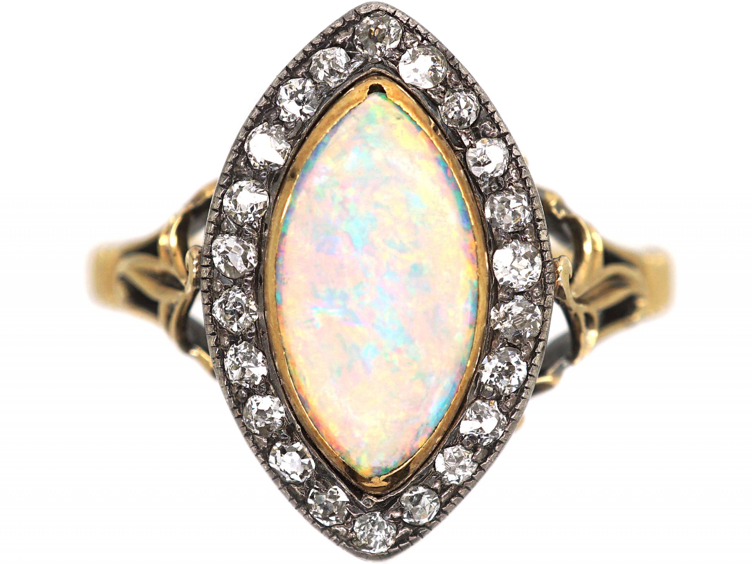 Edwardian 18ct Gold, Opal & Diamond Navette Shaped Ring by Child ...