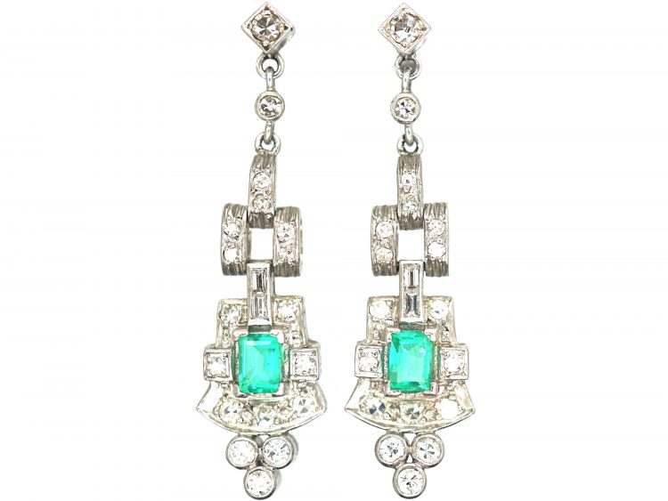 Art Deco 18ct Gold, Emerald & Diamond Drop Earrings