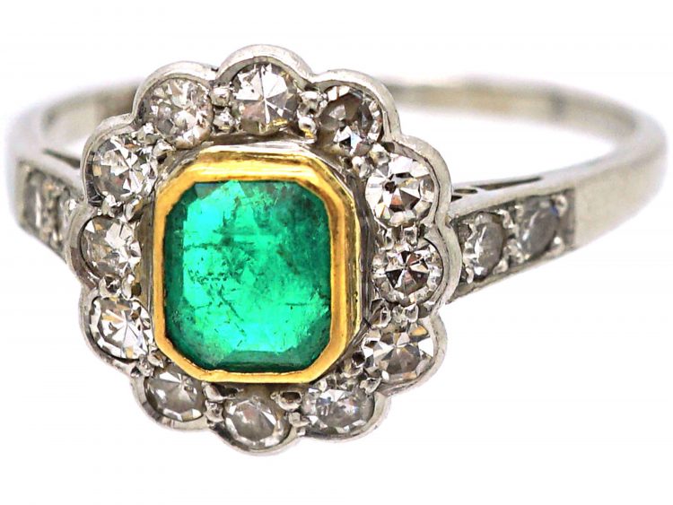 Art Deco Platinum & 18ct Gold, Emerald & Diamond Cluster Ring with Diamond Set Shoulders