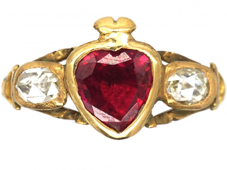 Georgian 18ct Gold, Ruby & Rose Diamond Heart Ring