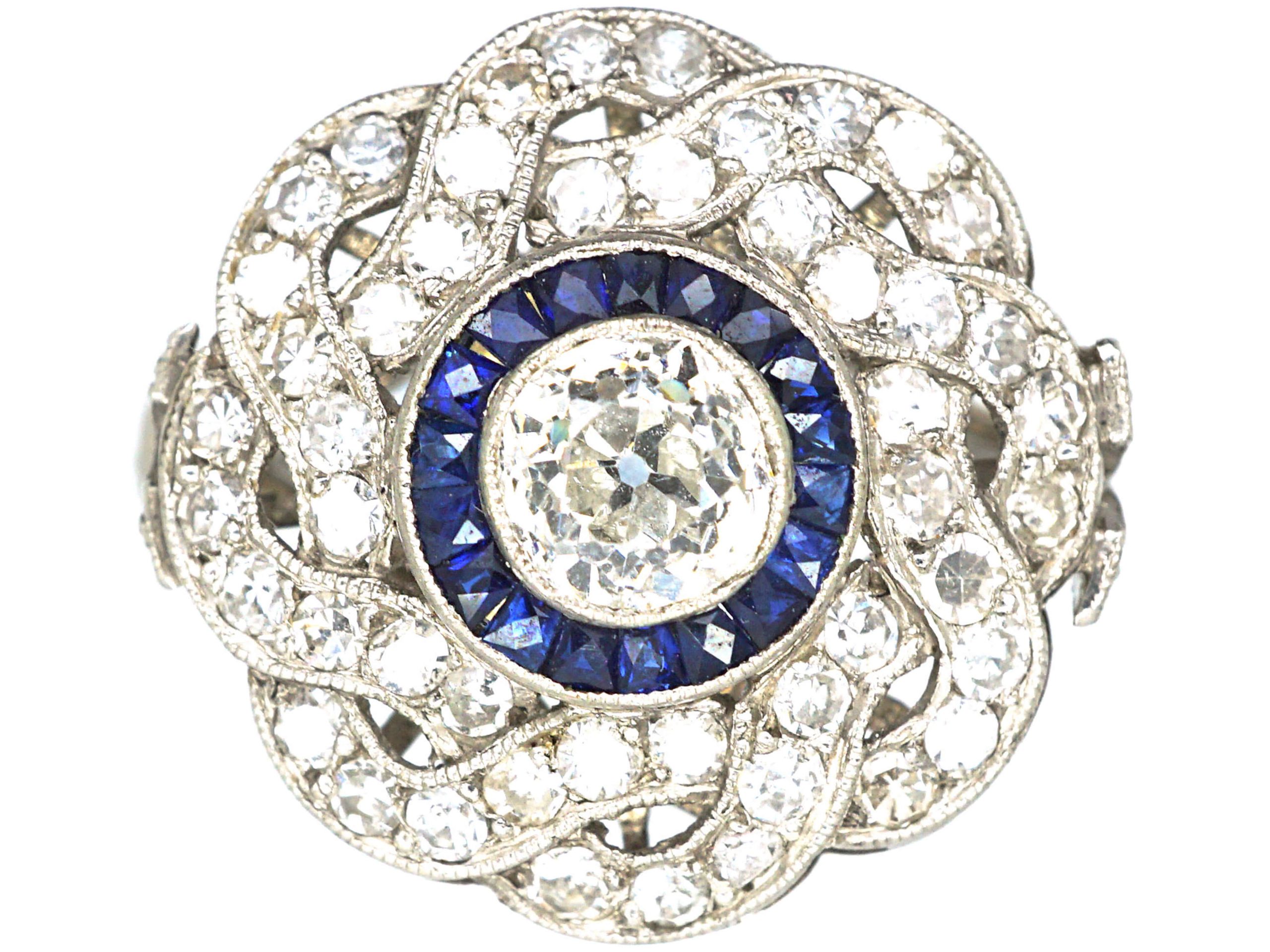 Large Art Deco Platinum, Sapphire & Diamond Target & Coil Ring