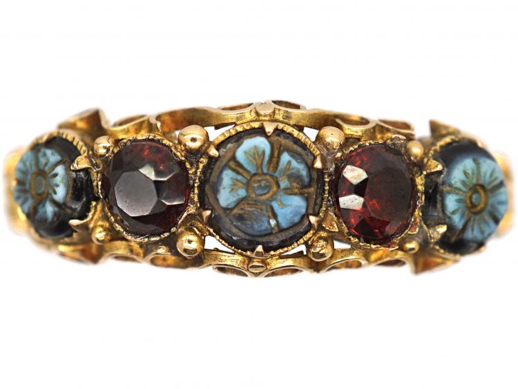 Regency 15ct Gold Ring set with Onyx & Garnets with Flower Detail