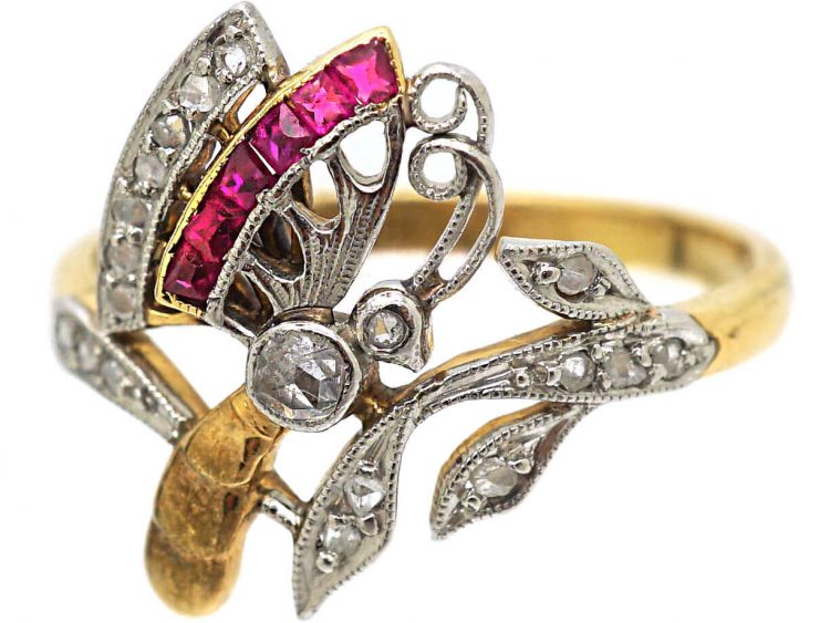 Art Nouveau 18ct Gold, Diamond & Ruby Butterfly Ring
