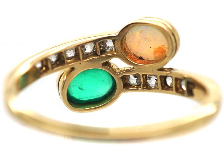 Edwardian 18ct Gold, Cabochon Emerald & Opal Crossover Ring With Diamonds Shoulders