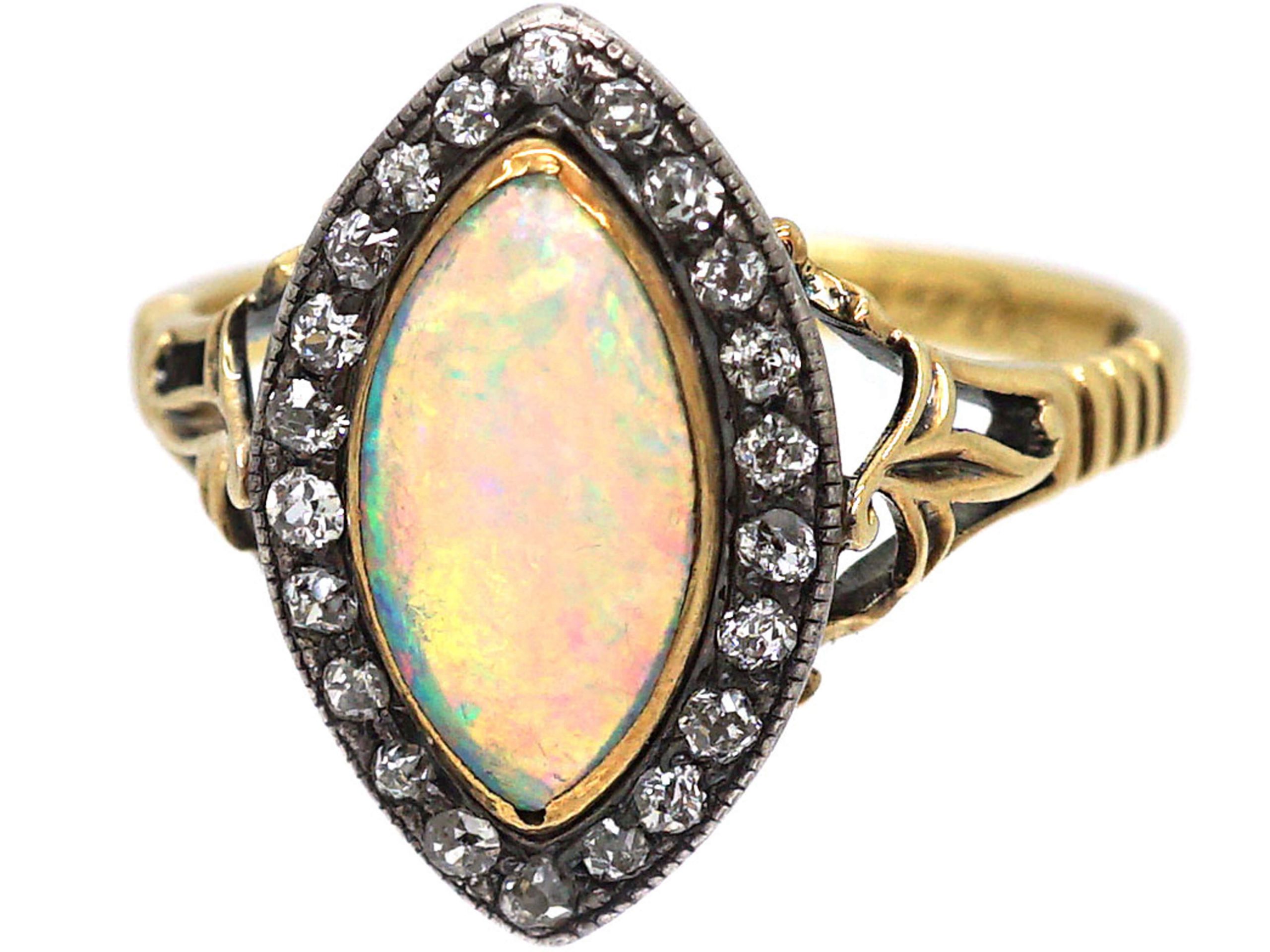 Edwardian 18ct Gold, Opal & Diamond Navette Shaped Ring by Child ...