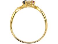 Art Nouveau 18ct Gold, Sapphire, Ruby & Diamond Ring with Diamond Set Shoulders