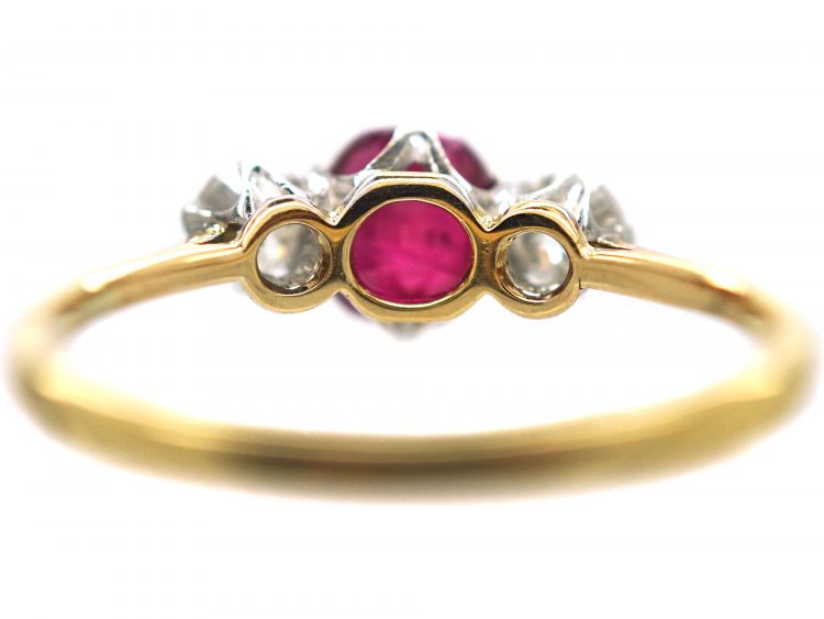 Art Deco 18ct Gold, Ruby & Diamond Three Stone Ring