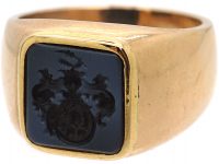Early 20th Century Austro- Hungarian 14ct Gold Signet Ring with Onyx Intaglio of a Crest with Two Hearts