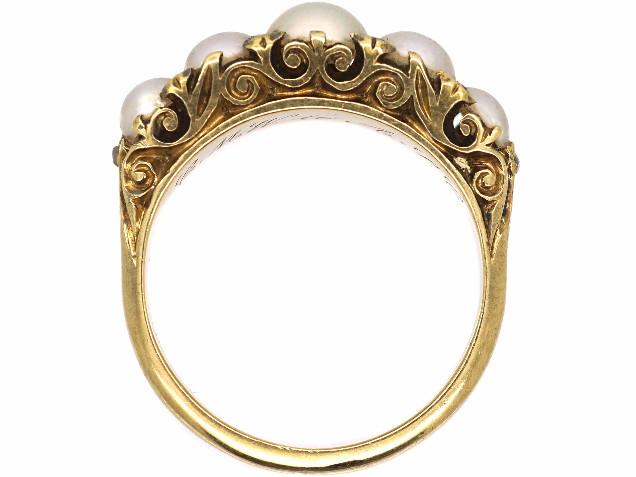 Victorian 18ct Gold, Carved Half Hoop Ring set with Natural Pearls with ...