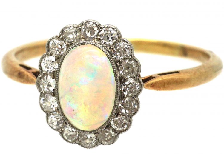 Edwardian 18ct Gold & Platinum, Opal & Diamond Oval Cluster Ring