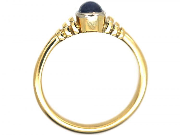 18ct Gold Sapphire Cabochon Single Stone Ring With Vertical Grooved Shoulders