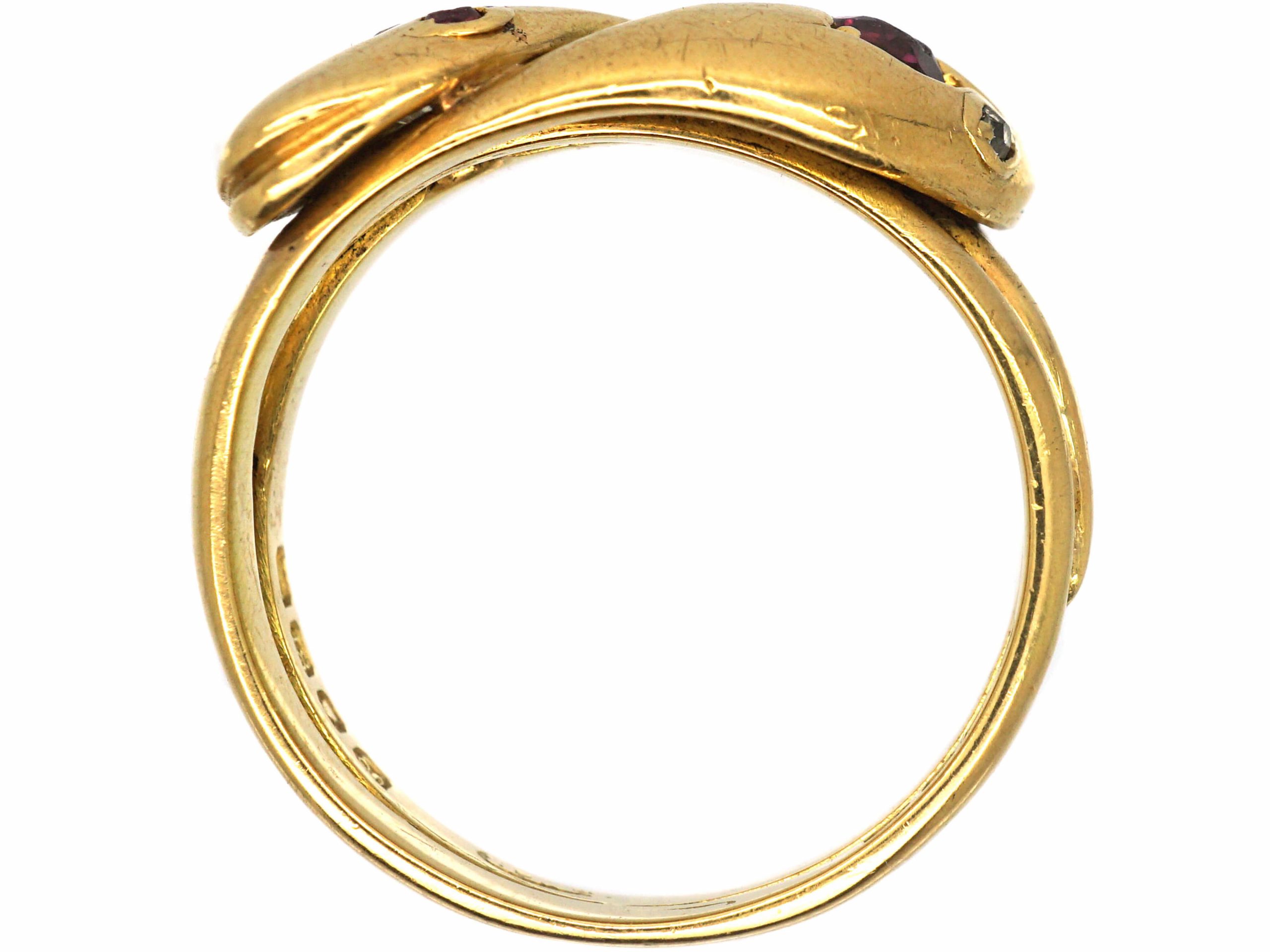 Edwardian 18ct Gold Double Snake Ring set a Ruby & a Diamond (818R ...