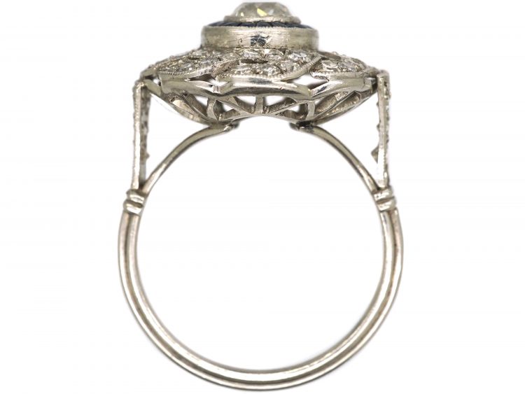 Large Art Deco Platinum, Sapphire & Diamond Target & Coil Ring