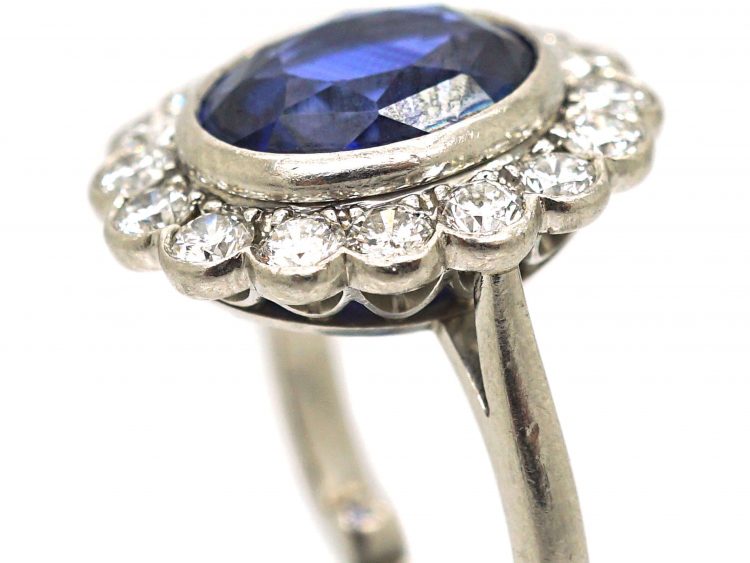 Platinum, Large Sapphire & Diamond Oval Cluster Ring