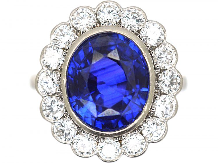 Platinum, Large Sapphire & Diamond Oval Cluster Ring